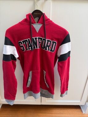 Champion Stanford Red Pullover Hoodie with Black & White Sleeve Stripes